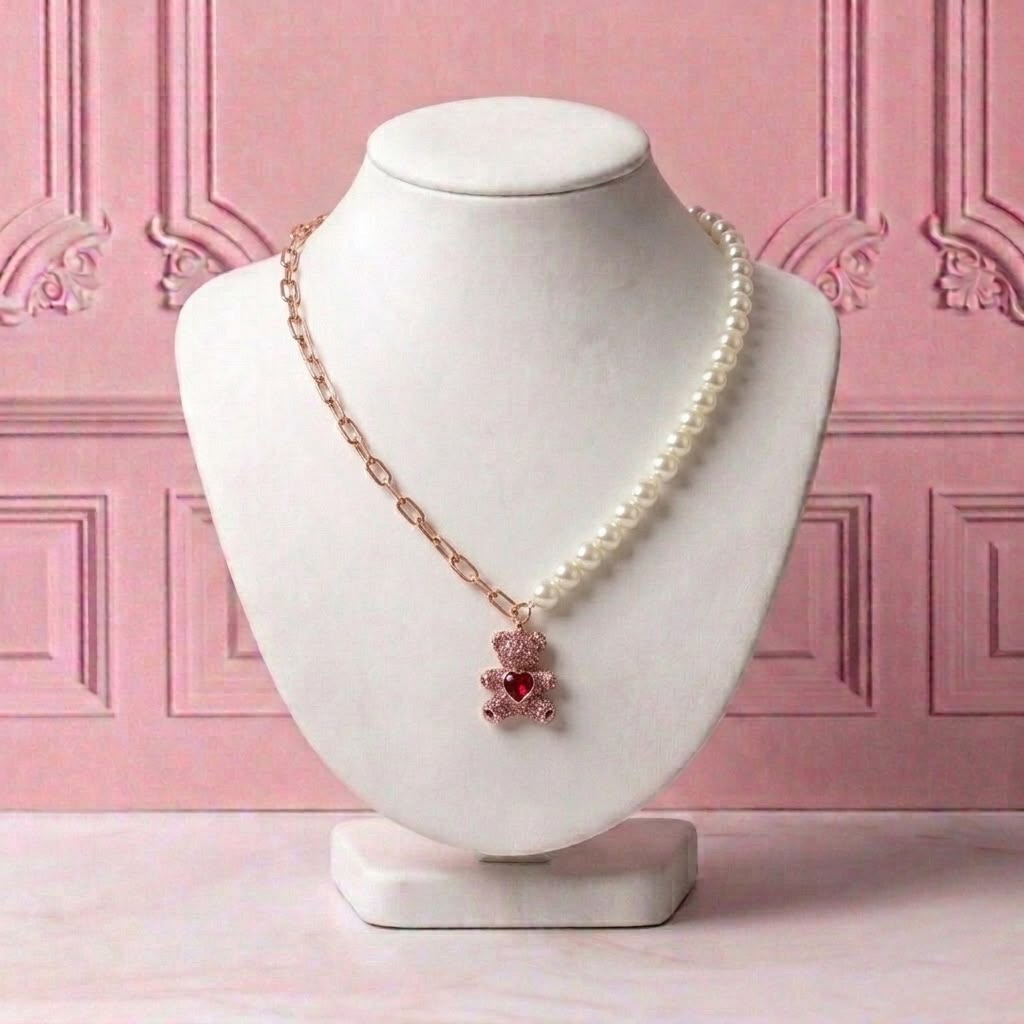 Collar Teddy Bear Rosa con Perlas y Cristales | Swarovski