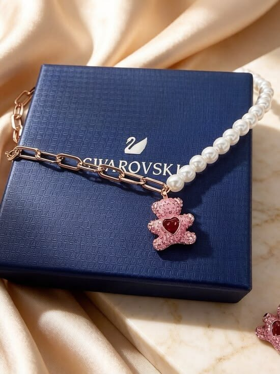 Collar Teddy Bear Rosa con Perlas y Cristales | Swarovski