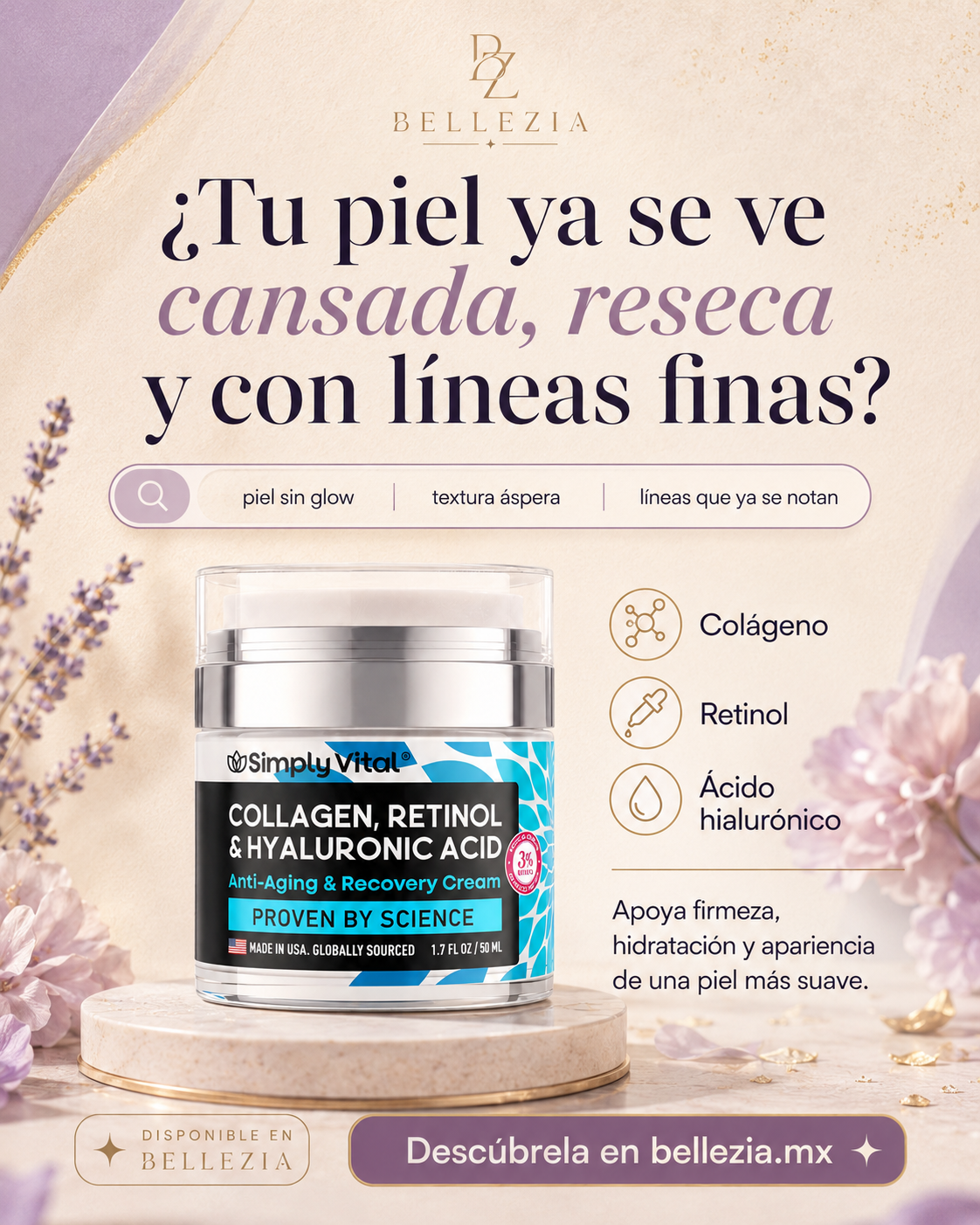 Crema Colágeno + Retinol + Ácido Hialurónico | Bellezia