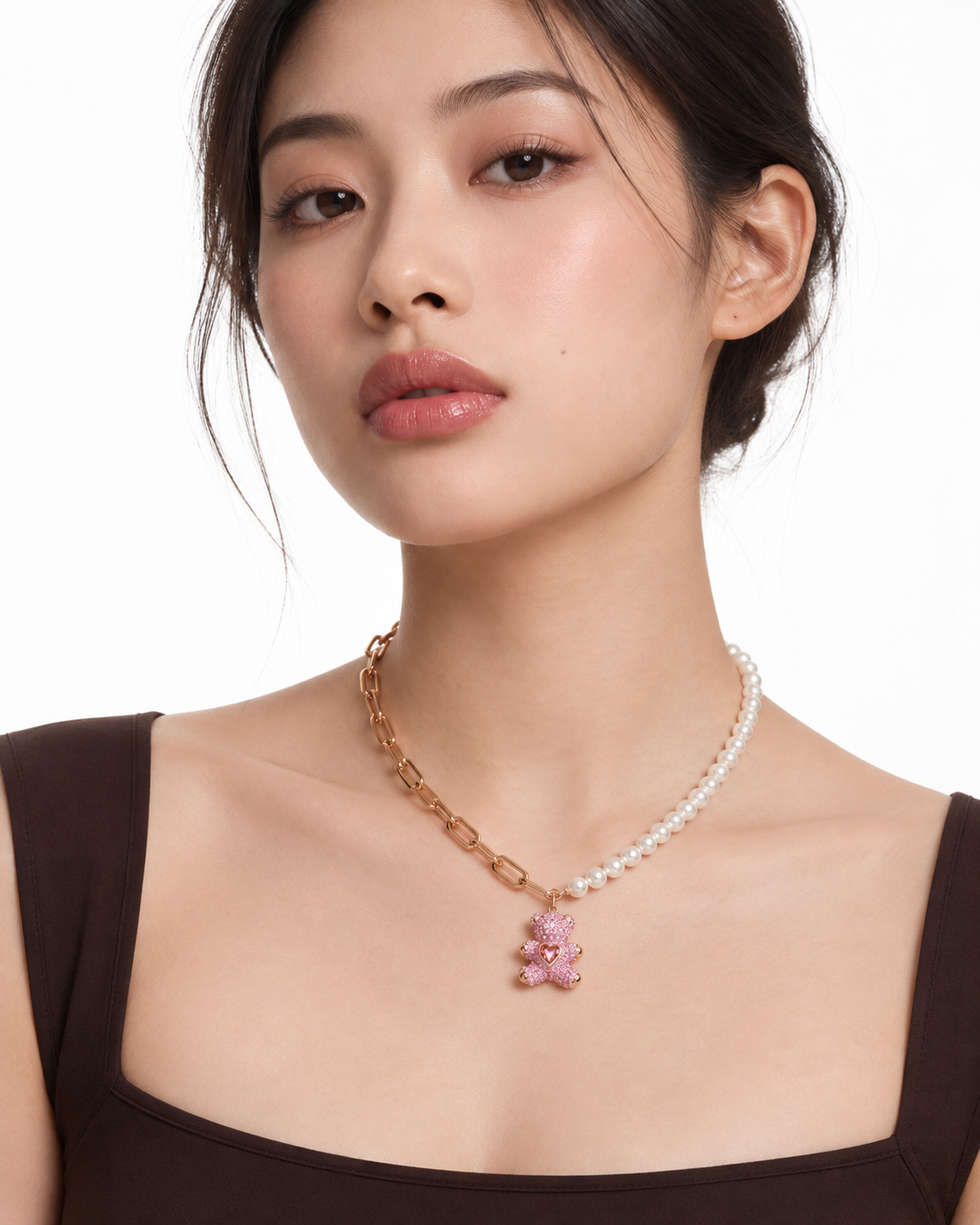 Collar Teddy Bear Rosa con Perlas y Cristales | Swarovski