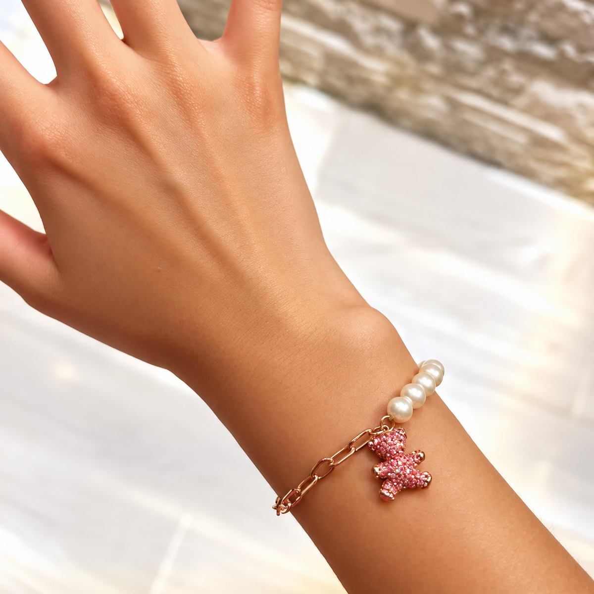 Pulsera Teddy Bear Rosa con Perlas y Cristales | Swarovski